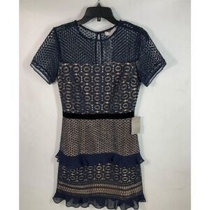 Chelsea28 Feminine Career Velveteen Belt Lace Sheath Midi Dress Navy QQ204